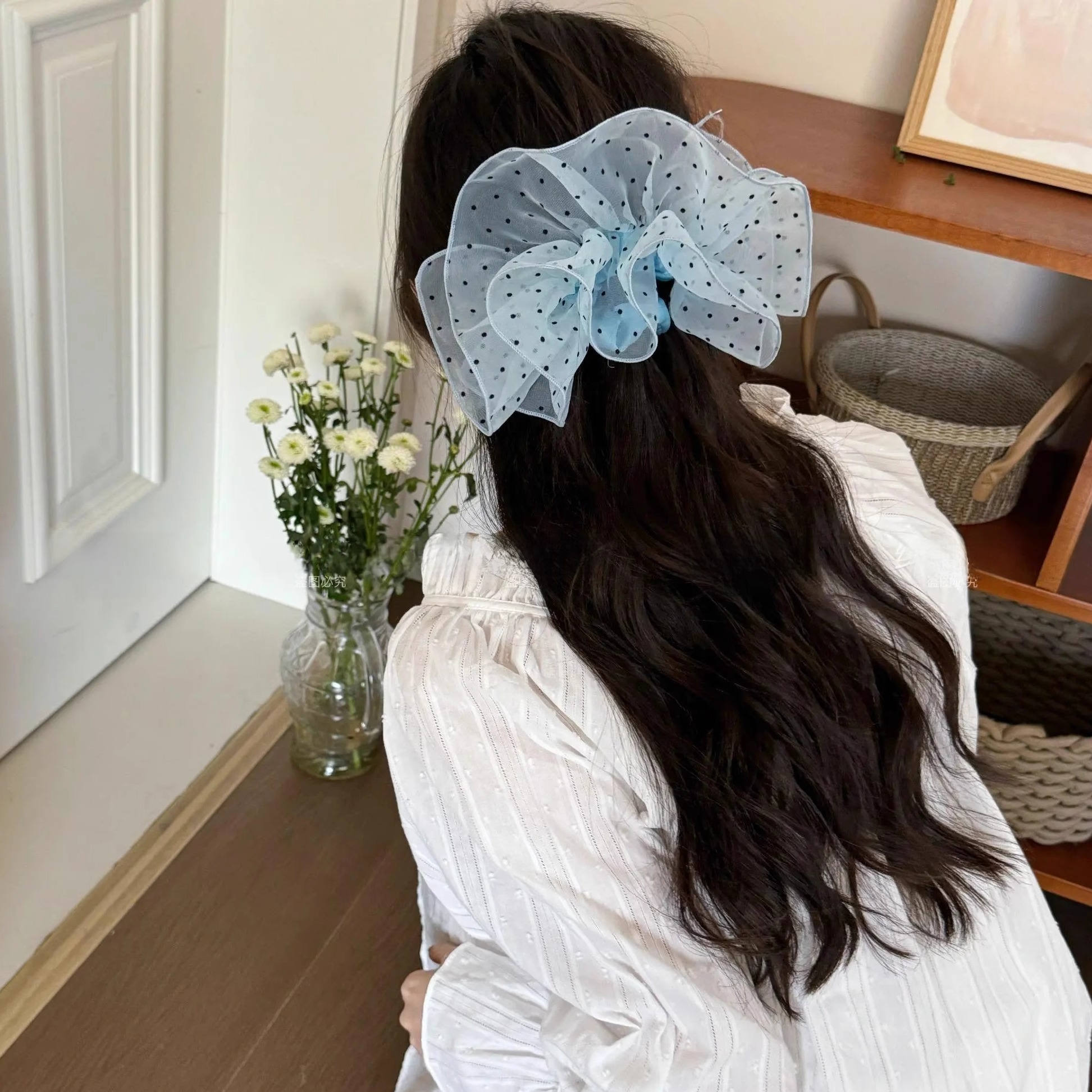 韩系波点网纱裙摆发圈夏季2025新款超仙扎丸子头马尾头花发绳发饰 - 图2