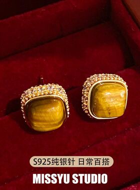 针虎眼石锆石圆润复古风耳环耳钉