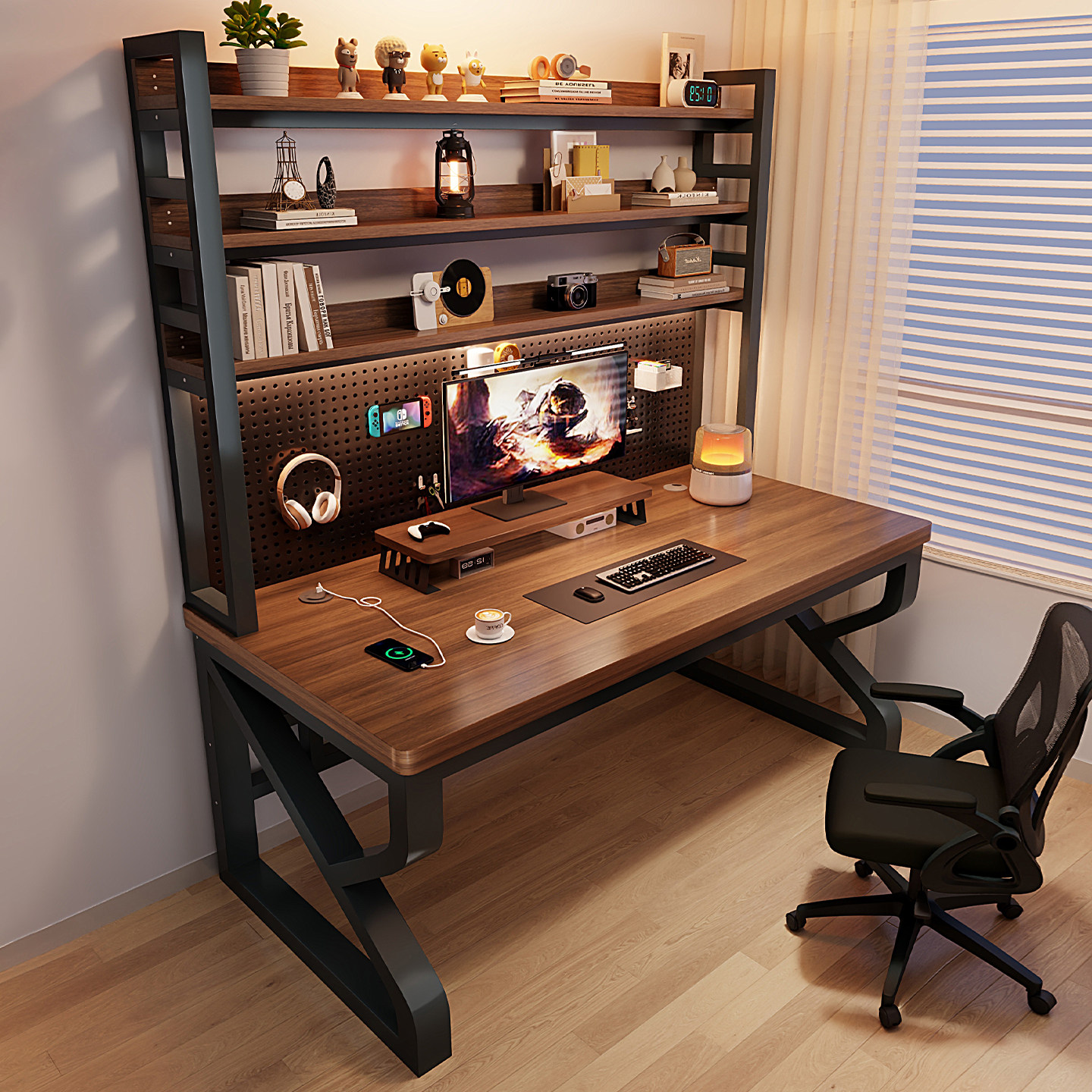 实木书桌书架一体桌带洞洞板学习桌家用电竞桌卧室办公桌电脑桌子,淘宝优惠券,粉丝福利购,淘宝优惠卷