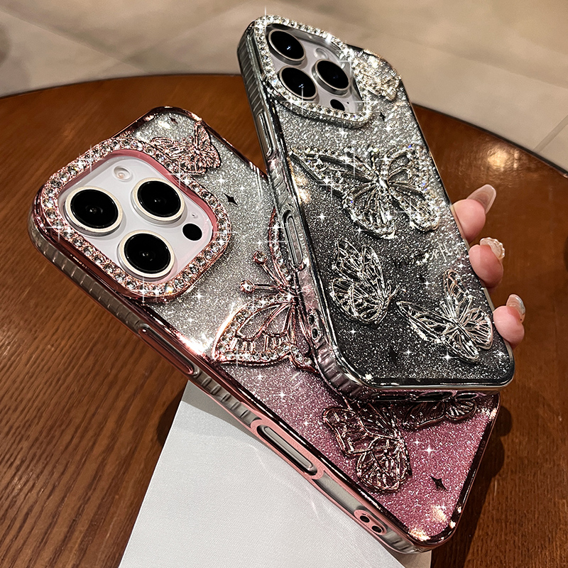 闪粉水钻蝴蝶适用苹果16promax手机壳新款iphone15Pro奢华高级感小众14网红女款13pm电镀硅胶全包防摔保护套
