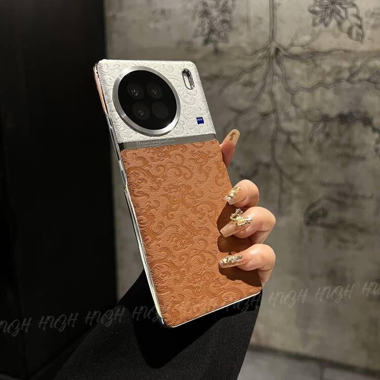 适用于vivox90/s国风云龙纹拼色vivox100Pro全包镜头手机壳x90pro硬壳x90pro+素皮拼接x100防滑保护套x90外壳