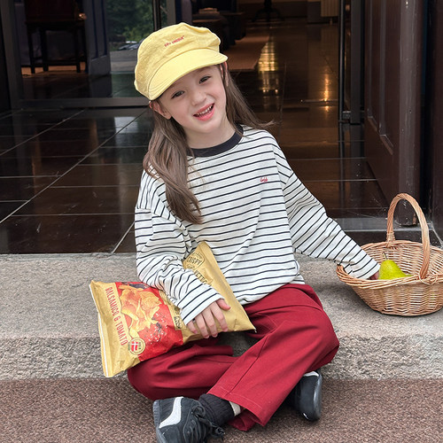 Yumi妈女童宝宝韩版休闲柔软双纱精棉儿童条纹打底衫  25F003 - 图3