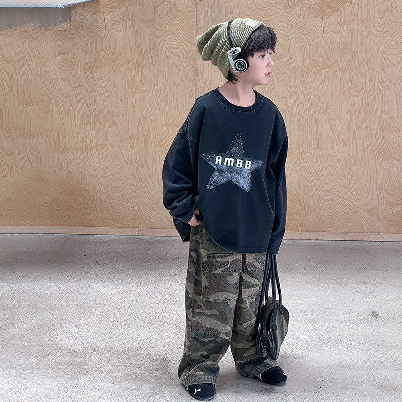 Yumi妈男童秋装复古砂洗棉宽松T恤中大童加厚全棉25F155,淘宝优惠券,粉丝福利购,淘宝优惠卷