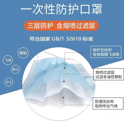 成人防护一次性口罩蓝白三层正规正品夏季薄款高颜值独立包装3层