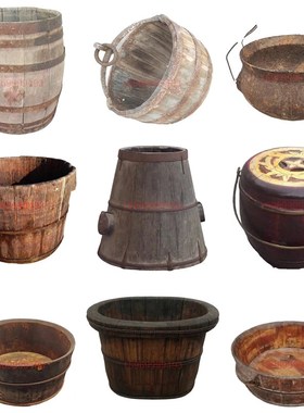 民俗老物件复古旧水桶老木u桶木盆老旧农具农家院装饰摆件怀旧收
