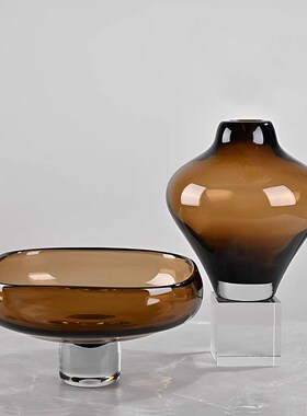 轻奢样板房售楼部客厅茶几玻璃花瓶花艺托盘O收纳装饰软装饰品套