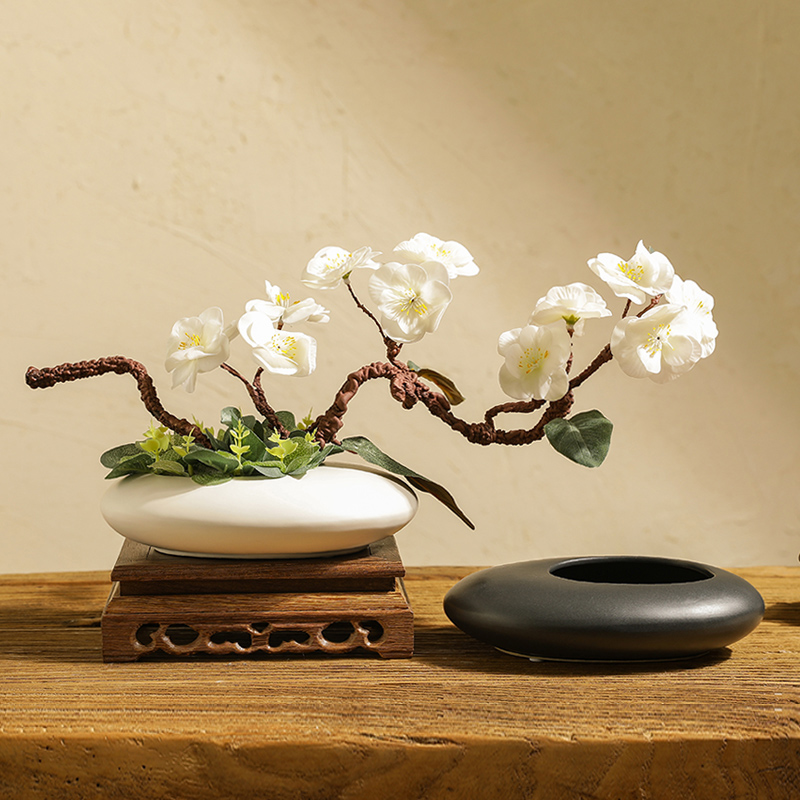 中式禅意创意烟灰缸扁形鹅卵花瓶桃花艺套装茶室客厅软装饰品摆件 - 图0