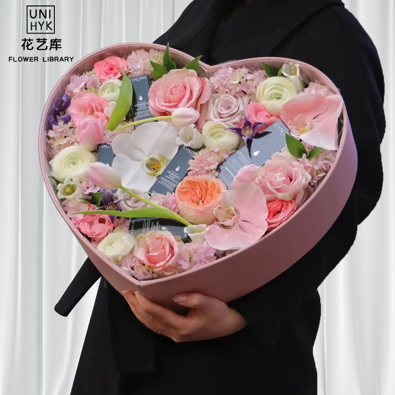 鲜花水果礼盒塑料套二心形花盒防水玫瑰花插花盒子中秋节礼物花盒