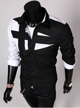 韩式风撞色长袖衬衫潮流