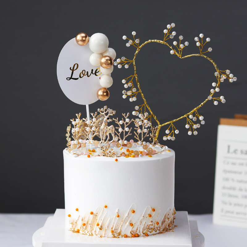 母亲节蛋糕装饰金色爱心珍珠环仿真玫瑰花装饰插件情人节告白装扮