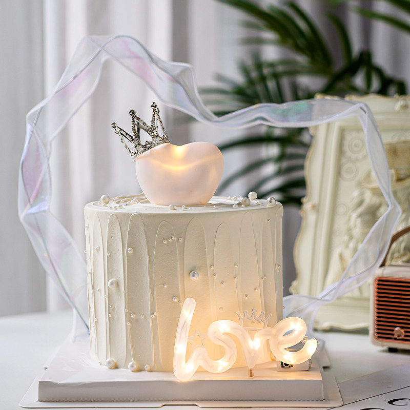 520情人节烘焙蛋糕装饰爱心发光灯love灯摆件白色飘带甜品台装扮