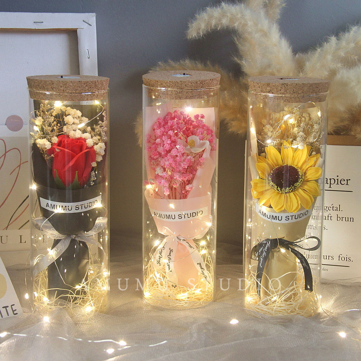 满天星干花玻璃罩向日葵玫瑰花束许愿瓶发光祝福母亲节礼物520女