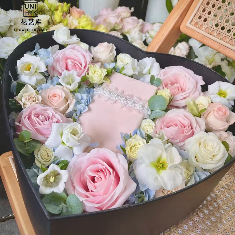 鲜花水果礼盒塑料套二心形花盒防水玫瑰花插花盒子中秋节礼物花盒