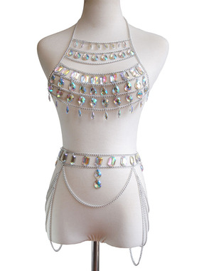 欧美跨境新款配饰 性感拼接文胸链 夜店沙滩宝石身体链腰链套装