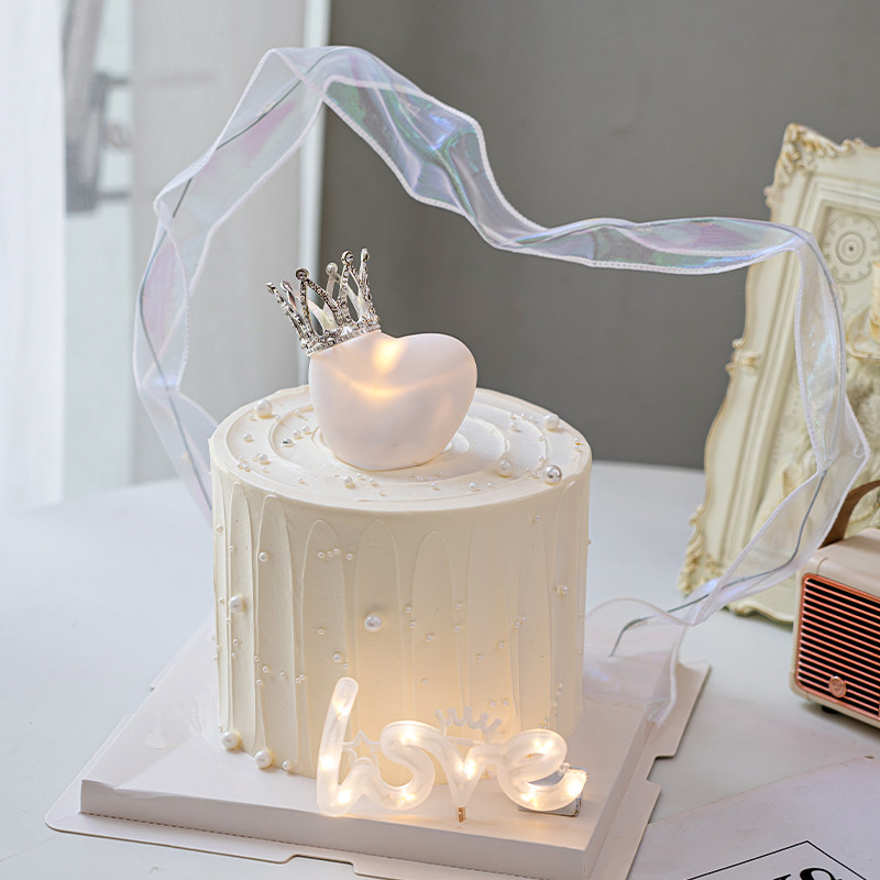 520情人节烘焙蛋糕装饰爱心发光灯love灯摆件白色飘带甜品台装扮