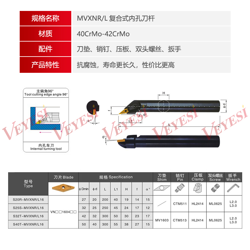 数控刀杆96度内孔S20R/S25S/S32T-MVXNR16镗孔刀车床仿形刀片刀具 - 图1