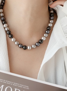 高级感真多麻铂金大溪地灰色系混色珍珠项链女锁骨链颈链不掉
