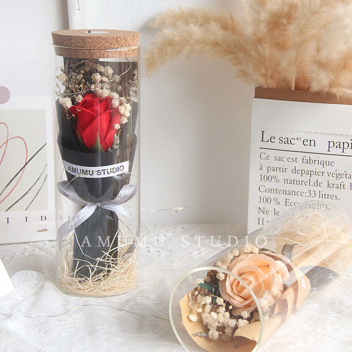 满天星干花玻璃罩向日葵玫瑰花束许愿瓶发光祝福母亲节礼物520女