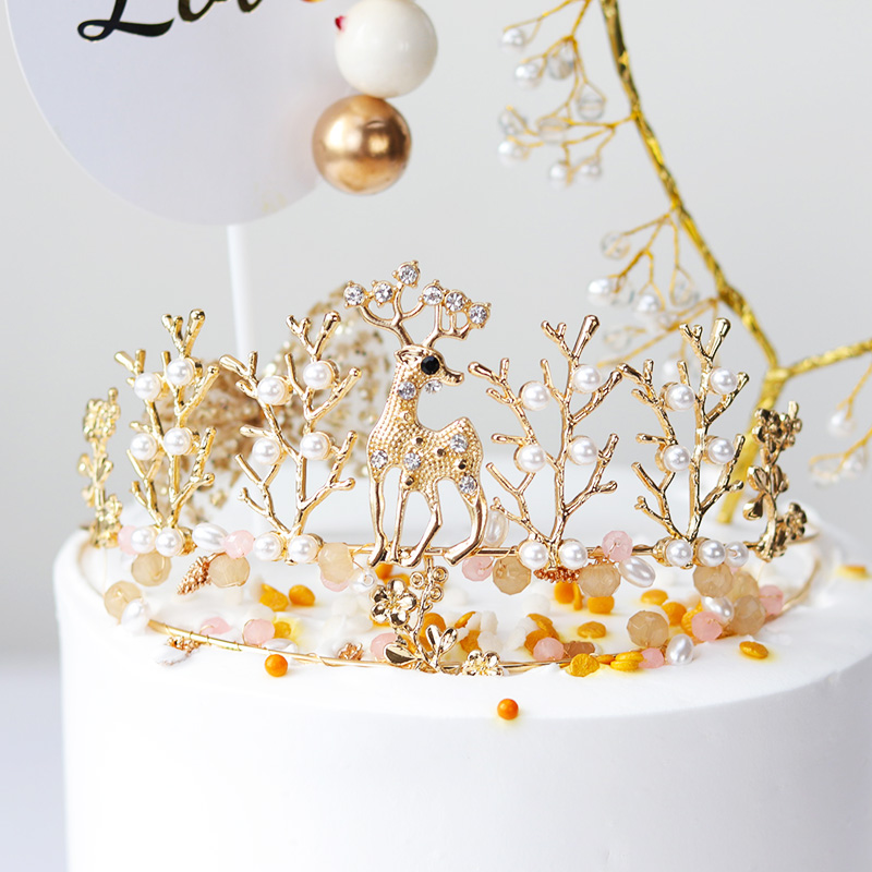 母亲节蛋糕装饰金色爱心珍珠环仿真玫瑰花装饰插件情人节告白装扮