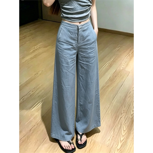 浅蓝色复古直筒阔腿裤女2026秋季新款宽松通勤百搭显瘦垂感休闲裤 - 图0