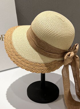 户外遮阳帽子女妈妈防晒夏季海边出游可折叠草编太阳帽蝴蝶结草帽