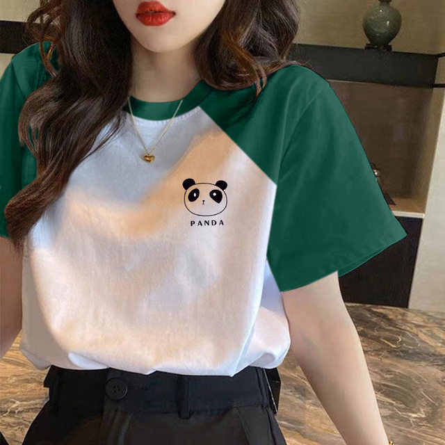 American green raglan short-sleeved T-shirt for women summer 2025 new style T-shirt right shoulder half-sleeve contrasting color splicing top