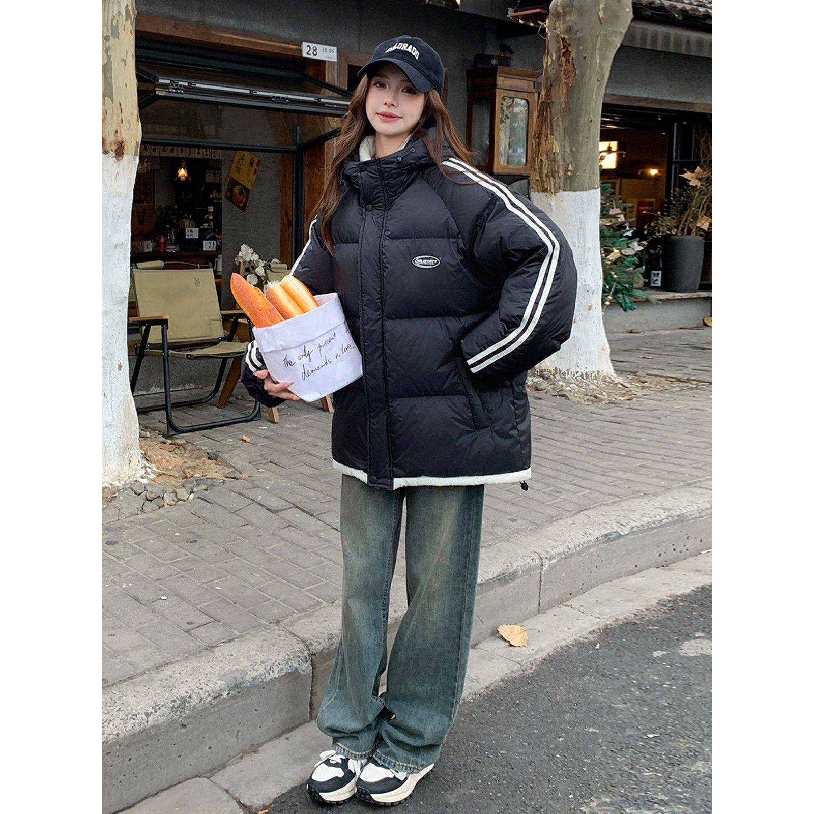 黑色羽绒服女冬新款韩系宽松学院风情侣百搭连帽加厚90白鸭绒外套,淘宝优惠券,粉丝福利购,淘宝优惠卷