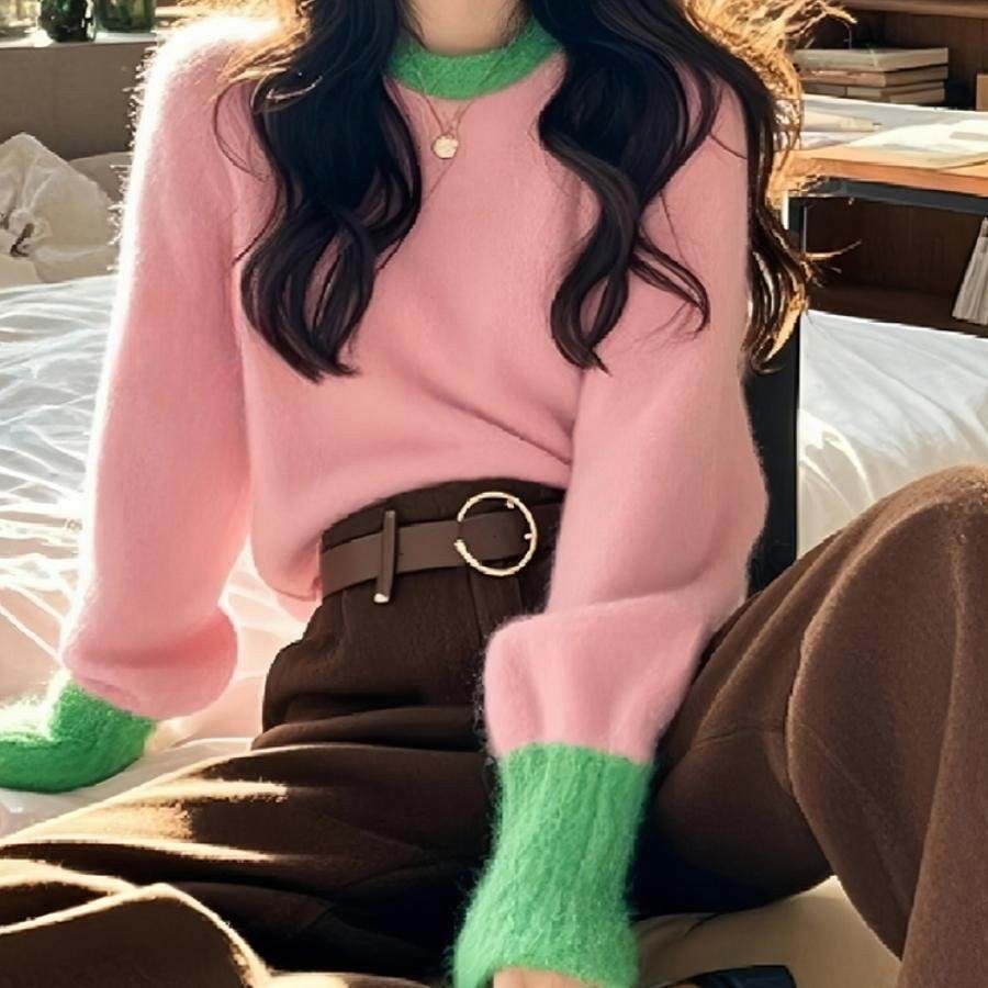 法国Rixo Rane ?粉绿撞色针织超好看打底衫内搭毛衣女秋冬季上衣,淘宝优惠券,粉丝福利购,淘宝优惠卷