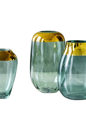 现代简约透明玻璃花瓶摆件 客厅餐桌绿色金边花器家居装饰品摆设