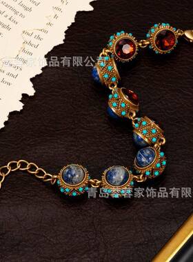 中古vintage饰品复古绿松石天然石头镶嵌锆石手链镂空气质手链