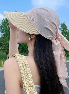 绑带丝巾草编帽子女防晒帽夏季防紫外线新款遮发护颈遮阳帽太阳帽