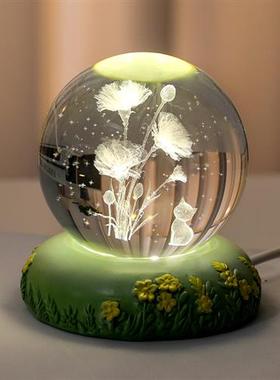 发光玫瑰郁金香花束水晶球小夜灯桌面摆件生日礼物女生送女友闺蜜