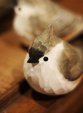 鹿妖店凤凰头簇雀胖啁啾木雕鸟纯手工实木桌面装饰