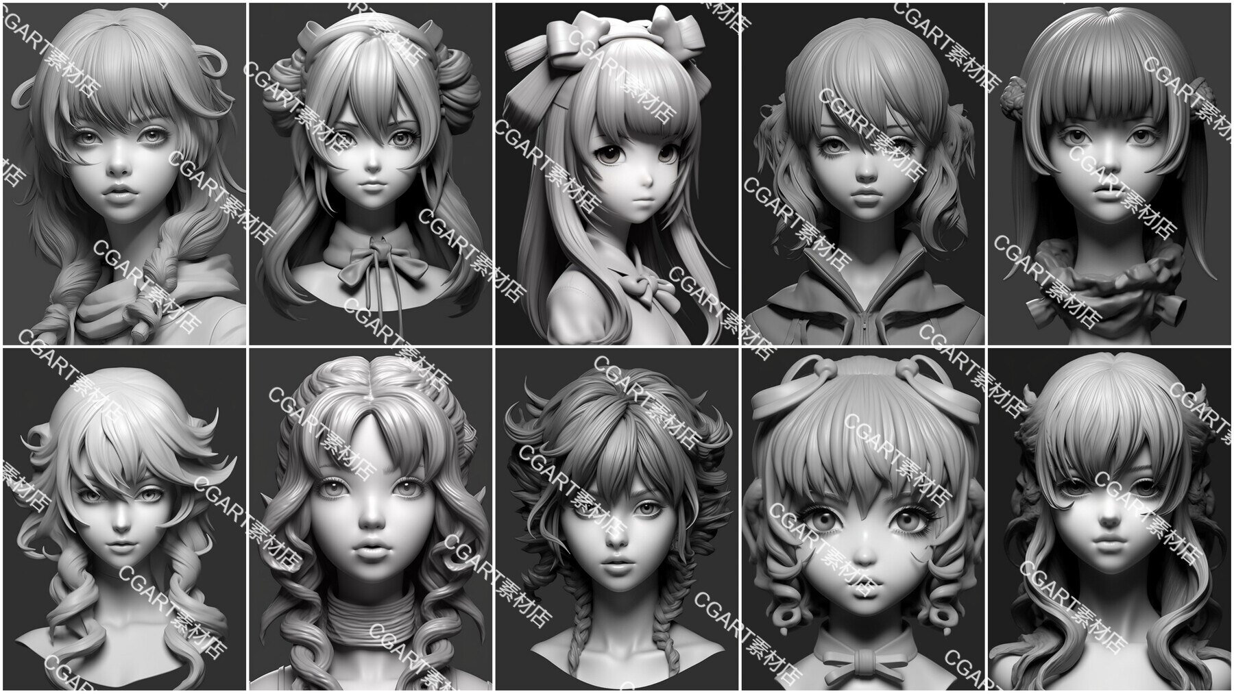 zbrush女性角色动漫头部手办头像卡通发型肖像雕刻参考图CG建模图