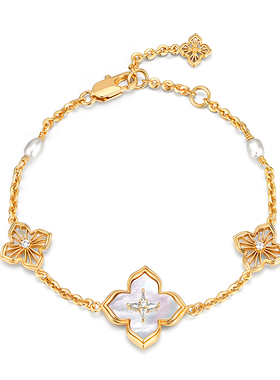 fettero 铜合金手链 【厚金莲花白贝四叶草手链短】白色气质轻奢