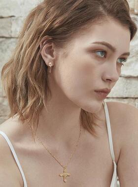 原创金色水滴锆十字架项链