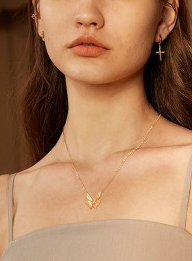 fettero 铜合金项链 【拉丝树叶纹蝴蝶项链】百搭精致气质