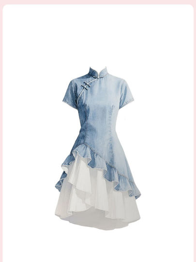 NUTO NUEVO CHINO RETRO CHIC CHEONGSAM Vestido juguetón linda falda de empalme de mezclilla con volantes