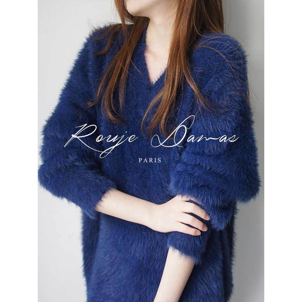 法国Rouje Damas法式软糯系浣熊绒马海毛克莱因蓝V领毛衣女针织衫,淘宝优惠券,粉丝福利购,淘宝优惠卷