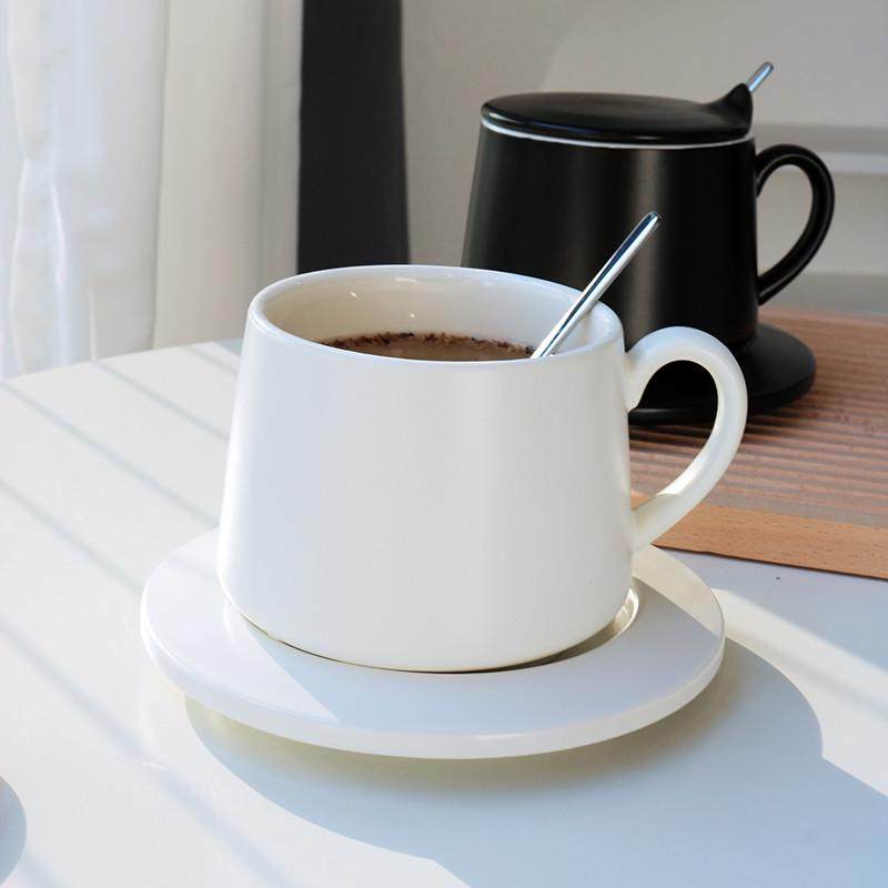 高级感陶瓷马克杯哑光大容量杯碟套装带盖勺高颜值办公室茶杯水杯 - 图2
