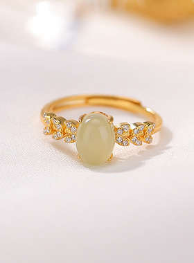 拍卖 天然和田玉S925纯银镀金青玉麦穗蛋面贵气轻奢可调节女戒指