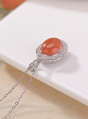 拍卖 S925纯银水红南红玛瑙简约蛋面时尚银吊坠百搭气质通勤挂坠