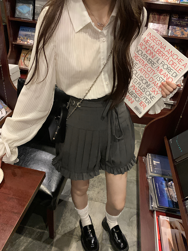 TinyColdair小寒气 Sweet Girl法式甜妹白色条纹泡泡袖小衬衫-图1