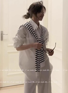 简约通勤黑白条纹针织披肩女外搭