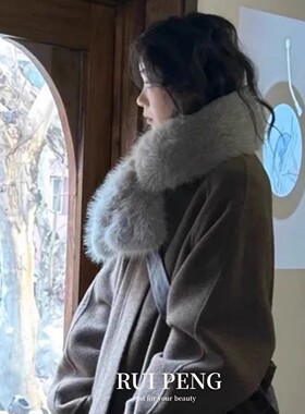 冬季加宽灰色毛绒围巾女仿狐狸毛