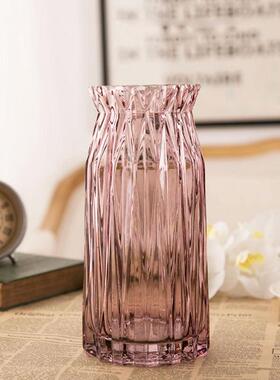欧式竖棱玻璃花瓶客厅彩色透明花瓶酒店创意富贵竹干花插花摆件