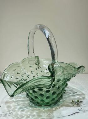 简约清爽手工琉璃提篮花瓶摆件餐桌插花水培花器家居软装桌面饰品