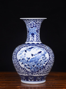 景德镇陶瓷大花瓶装饰手绘青花瓷缠枝莲花鸟大赏瓶落地摆件摆件