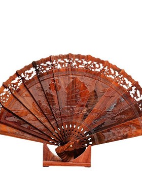 老挝大红酸枝文玩折扇风扇子中式婚礼客厅红木大挂扇摆件装饰