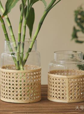 玻璃培装饰品日式摆件装饰花瓶客厅绿侘萝干花软装寂水编织复古。
